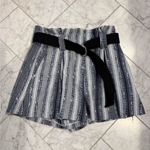 Striped Women's Shorts with Belt - Black and White